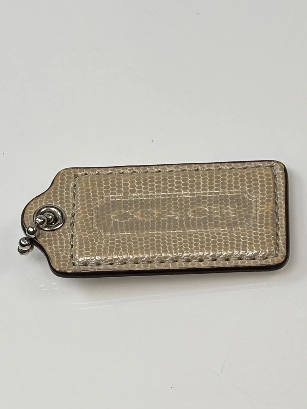Coach snake embossed tan leather beige hang tag brown Silver chain 2.5 x 1.25 I